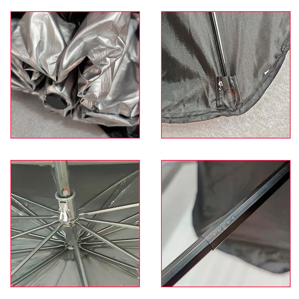 Este parasol para coche con diseño de paraguas se abre y se cierra fácilmente.